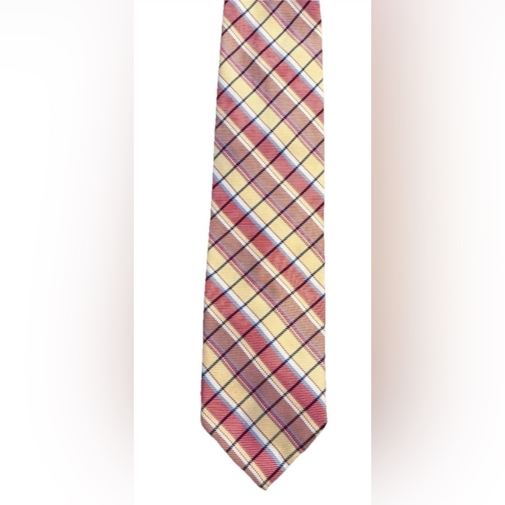 Paul Stuart Silk Plaid Tie Made in France Yellow Burgundy Blue